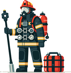 illustration of a firefighter in full equipment, flat design style