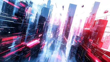 Fototapeta premium Neon lights illuminate a cityscape, where flying vehicles streak through the sky in a dazzling urban symphony.