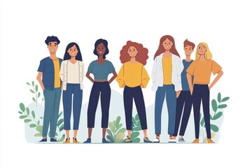 Fototapeta premium Group of young adults in casual clothing representing friendship teamwork and modern collaboration in a simple graphic style with flat colors and clean lines