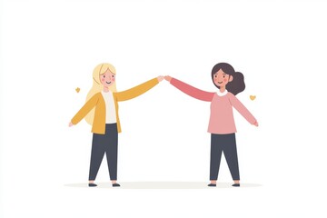Obraz premium Two young women holding hands in celebration representing friendship connection and mutual support in a minimalist graphic style with simple lines and flat colors