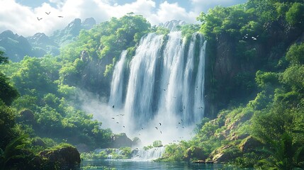 Naklejka premium Serene Waterfall Cascading Through Lush Jungle Landscape