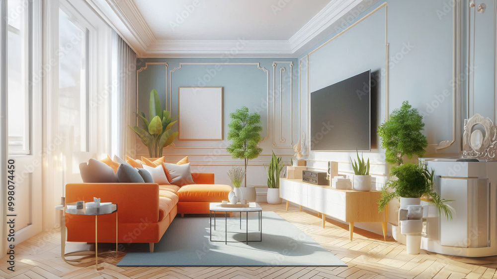 Wall mural living room design with orange sofa and pastel walls