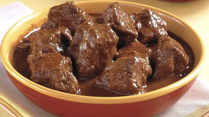A bowl of savory beef stew in a rich brown sauce, ready to be served.
