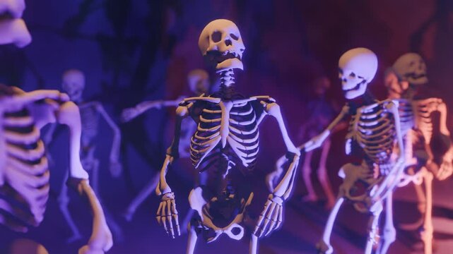 Halloween party: funny skeletons dancing on the dance floor. 3D animation for greeting cards, advertisements, invitations, posters, events, parties.