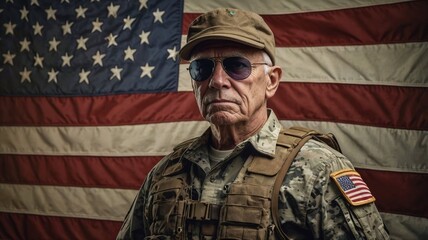 A veteran man in military uniform stands in front of an American flag
