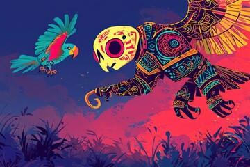 Obraz premium Mythical Bird with Parrot and Flowers