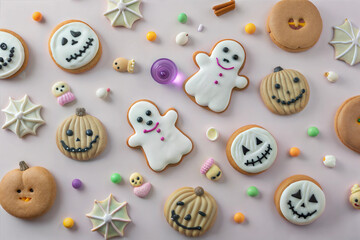 Obraz premium Flat lay pattern of halloween cookies and sweets. Halloween sweets background