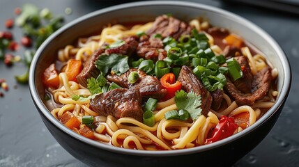 Delicious noodle with beef, Chinese food. Generative AI.