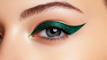 Fototapeta premium Deep emerald green eyeliner stroke with a metallic sheen sharp edges contrasting against a light beige background 