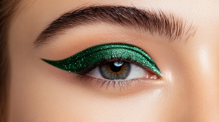 Fototapeta premium Deep emerald green eyeliner stroke with a metallic sheen sharp edges contrasting against a light beige background 