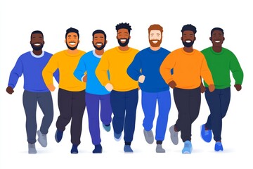Fototapeta premium Group of men jogging in a line representing teamwork physical fitness and unity in motion with bright clothing and simple clean lines in a minimalistic outdoor setting