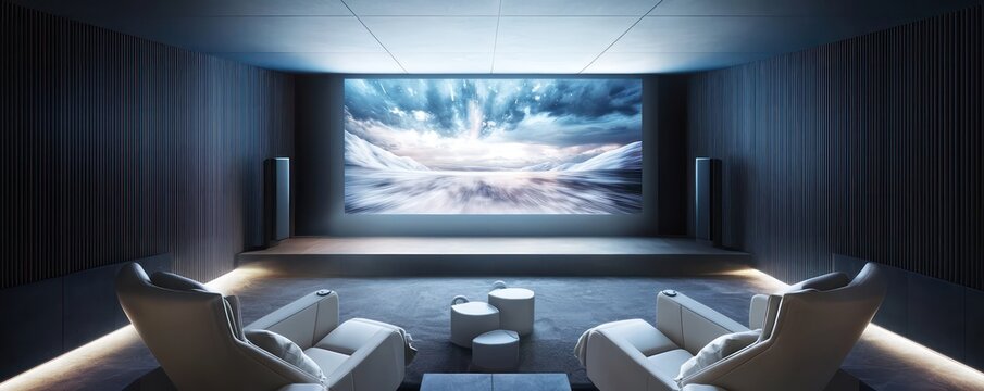 A home cinema with a 3D holographic projection system, surround sound that adapts to the acoustics of the room, and seating that subtly vibrates during intense scenes
