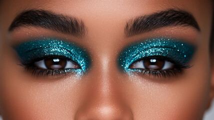 Obraz premium Deep icy teal eyeshadow with a metallic finish creating a sparkling contrast against a frosty white background 