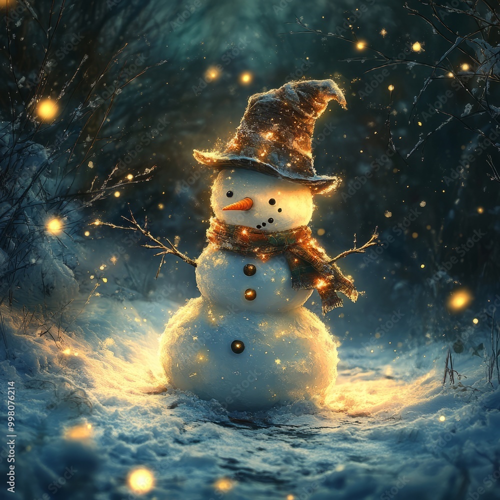 Wall mural A whimsical snowman adorned with a hat and scarf, surrounded by twinkling lights in a snowy landscape.