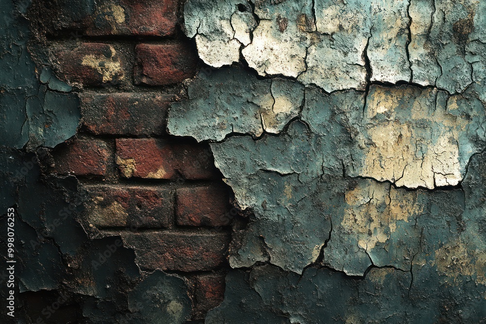 Poster A close-up of a weathered brick wall with peeling blue paint.