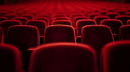 Fototapeta premium Rows of Luxurious Red Velvet Cinema Seats Against an Empty Background