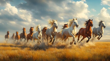 Herd of Wild Horses Galloping Freely Across Vast Open Plain Under Dramatic Sky