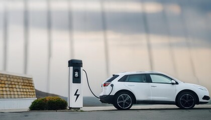 Electric car charging at a station, modern technology usage