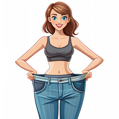 Motivational Weight Loss Visual: Vector Illustration of a Woman Holding Up Her Loose Pants After Achieving Her Goals