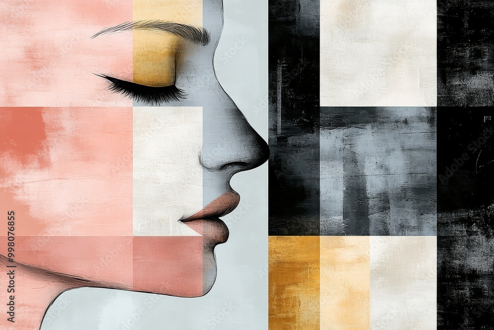 Poster abstract portrait of a woman with geometric shapes and soft colors representing introspection creati