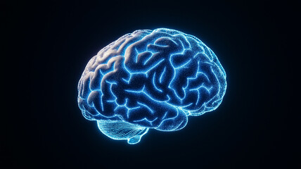 Digital brain with neon blue connections on a black gradient background symbolizing artificial intelligence and innovation 