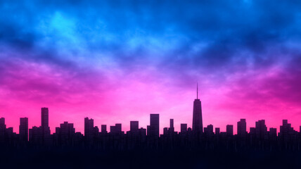 Digital neon skyline with pixel fireworks over a gradient from midnight blue to hot pink 