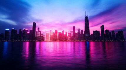 Fototapeta premium Digital neon skyline with pixel fireworks over a gradient from midnight blue to hot pink 