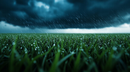 Dramatic hailstorm over an open plain giant ice pellets crashing into tall grass under a dark stormy sky 