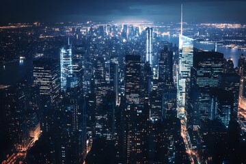 Obraz premium Aerial view of a vibrant city skyline at night, illuminated lights