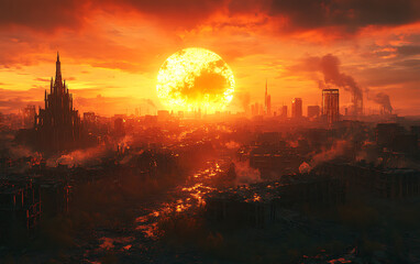 Naklejka premium Twilight of Ruin: Eerie Sunset Over Apocalyptic Cityscape