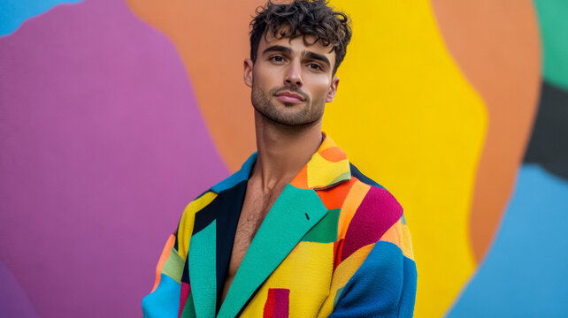 Eclectic man in a colorful patchwork coat standing against a backdrop of abstract art looking thoughtfully to the side 