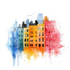 Watercolor painting of colorful abstract buildings blending into the sky, on isolated white background
