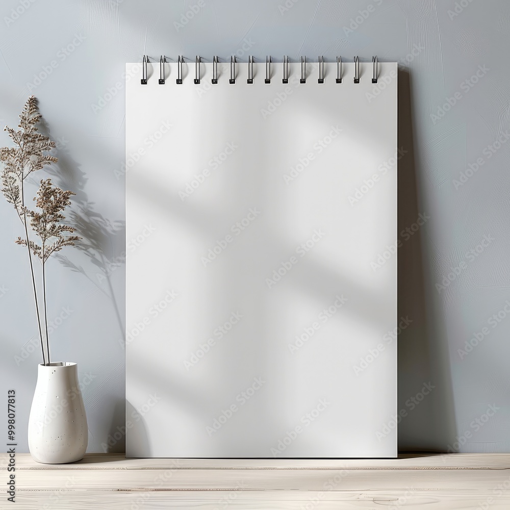 Poster A4-sized drawing pad with spiral binding at the top, without print and without motif, hangs on a modern room. Generative AI.