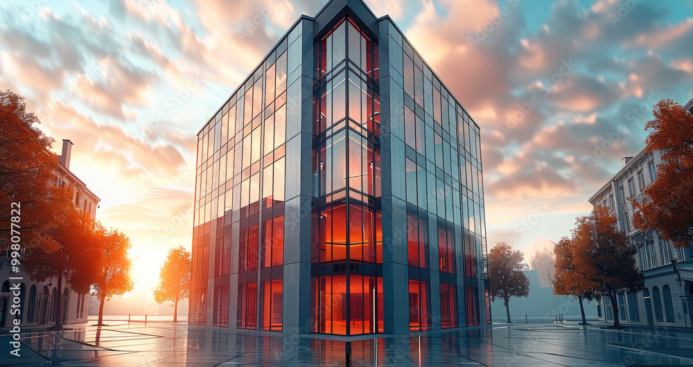 Poster front view of a high modern business building. generative ai.