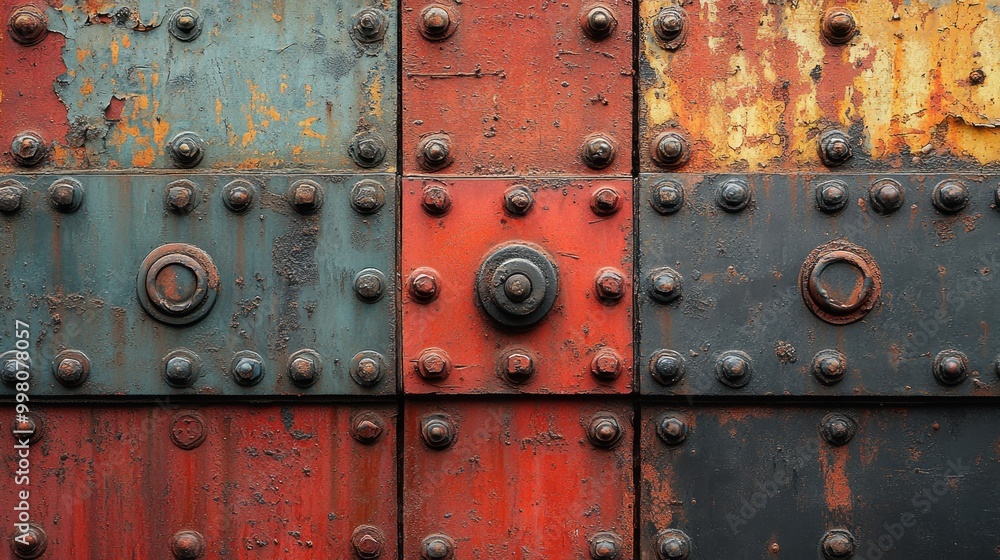 Poster A close-up of a rusty metal wall with rivets, featuring a variety of colors, textures, and patterns, creating an abstract and industrial backdrop.