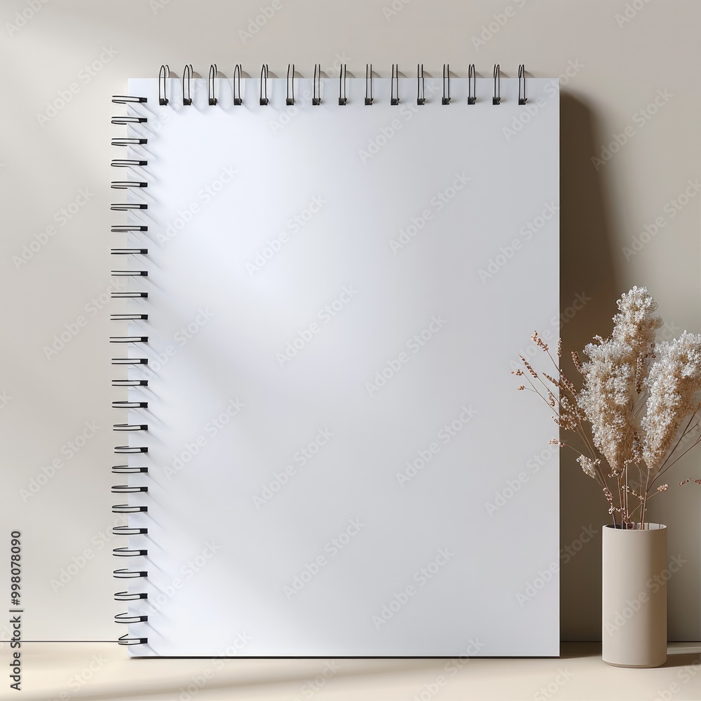 Poster A4-sized drawing pad with spiral binding at the top, without print and without motif, hangs on a modern room. Generative AI.