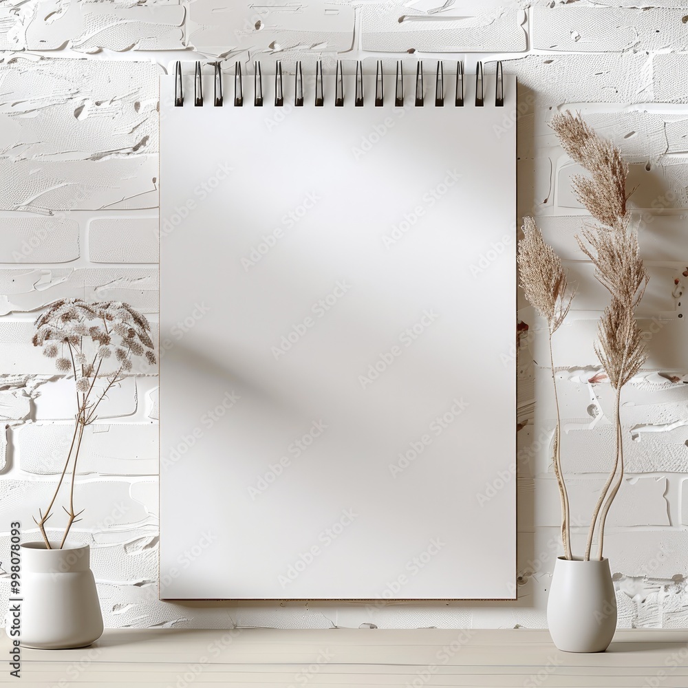 Aufkleber A4-sized drawing pad with spiral binding at the top, without print and without motif, hangs on a modern room. Generative AI.