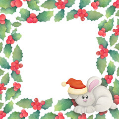 Christmas banner template with holly berries, mistletoe, green leaves, cute rabbit. new year winter border frame with white copy space background