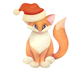 happy holiday watercolor card with fox in red Santa Claus hat. new year and christmas animal, hand drawn illustration isolated on transparent background, clip art and cut out festive element design