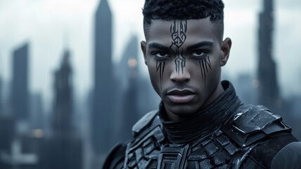 Expressive man in futuristic armor face painted with tribal markings standing in front of a digital cityscape 