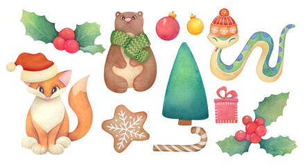 xmas watercolor elements set, cute new year and christmas animals bear, fox, snake, holly berry mistletoe, Christmas tree, gift boxes, gingerbread cookies set. clip art and cut out element design