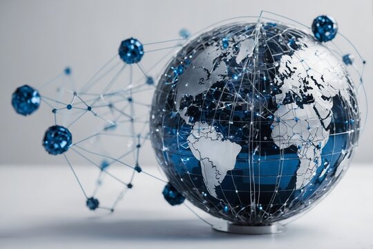 A blue and silver digital globe on a white background, surrounded by many small cube icons representing global network connections