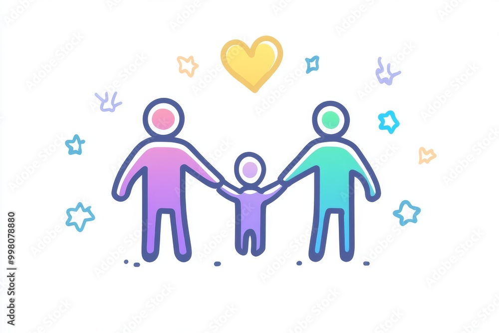 Poster abstract family icon with colorful lines heart symbol and playful design elements representing love 