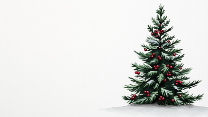 Fototapeta premium Festive watercolor Christmas tree with hints of snow and a scattering of crimson holly berries on a white canvas 