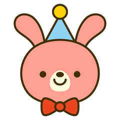 Cute smiling rabbit face with party hat and bow tie. Cartoon style vector illustration.