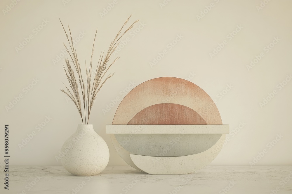 Poster minimalist still life of geometric ceramic objects and dried grass symbolizing simplicity balance an