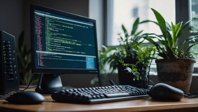 A computer setup with code on the screen, representing learning python for data engineering. main objects monitor, keyboard, plant, headphones