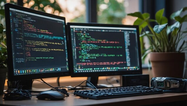 A computer setup with code on the screen, representing learning python for data engineering. main objects monitor, keyboard, plant, headphones