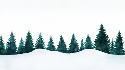 Fototapeta premium Gentle winter watercolor landscape with pine trees in muted greens and snow covered hills in soft white 