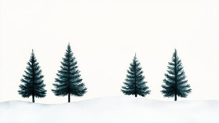 Gentle winter watercolor landscape with pine trees in muted greens and snow covered hills in soft white 
